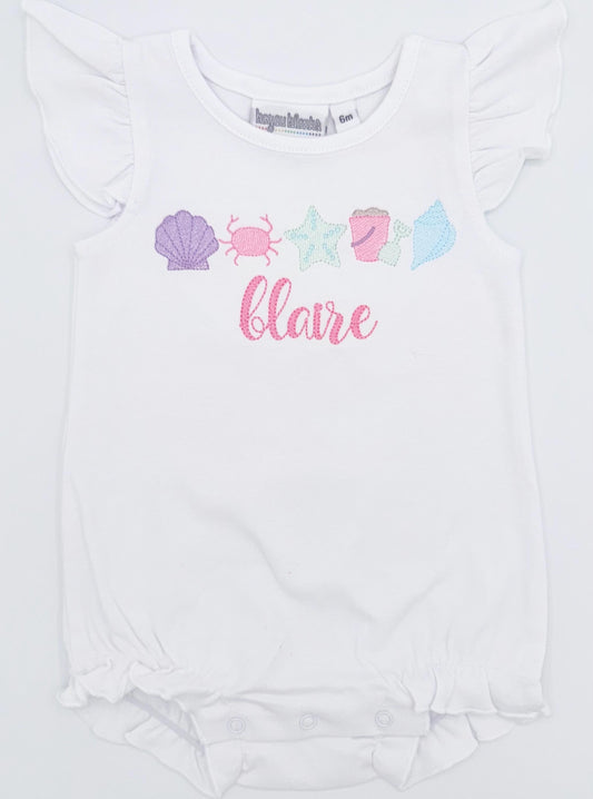 Beach Embroidery on White Flutter Sleeve Bubble, Baby Girl Toddler | Seashells, Crab, Pink Light Blue Lavender Option, Custom Embroidery