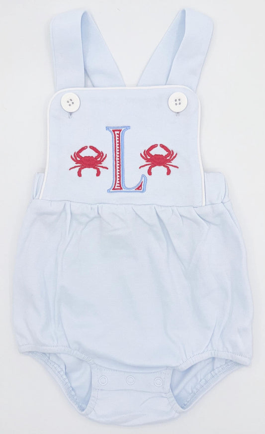 Light Blue Boy’s Sunsuit with Large Ribbed Initial and Crabs, Baby Boy Toddler | Crab, Boy Outfit, Summer, Monogram Options, Beach, Summer