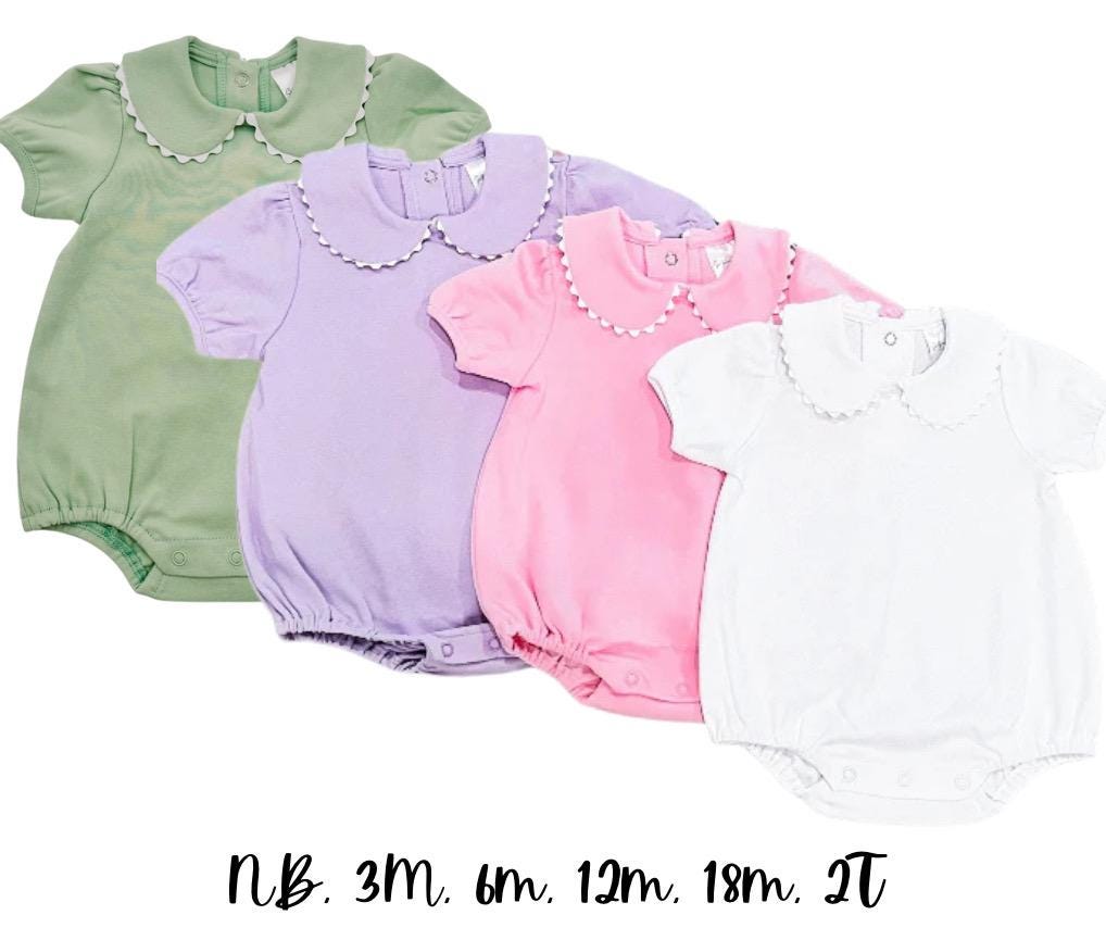 Personalized Baby Girl Bubble Romper with Peter Pan Collar – Custom Embroidery, Monogram, Pink Sage Lavender, Toddler Outfit, Scallop Edge