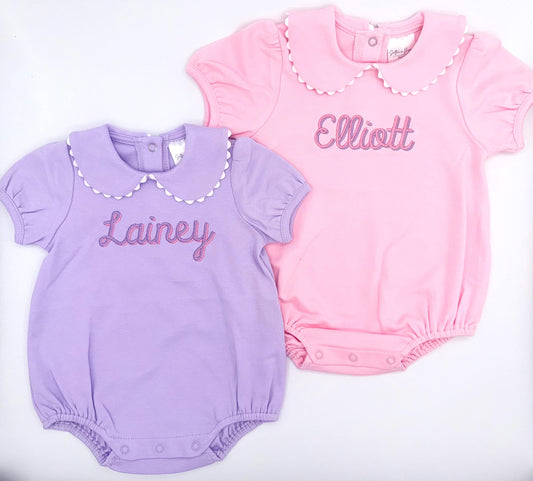 Personalized Baby Girl Bubble Romper with Peter Pan Collar – Custom Embroidery, Monogram, Pink Sage Lavender, Toddler Outfit, Scallop Edge