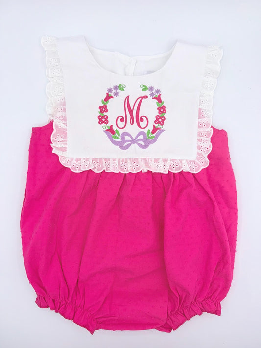 Personalized Hot Pink Bib Bubble with Eyelet Ruffle | Floral Frame, Baby Girl Toddler, Summer Outfit, Monogram, Custom, Romper, Embroidery