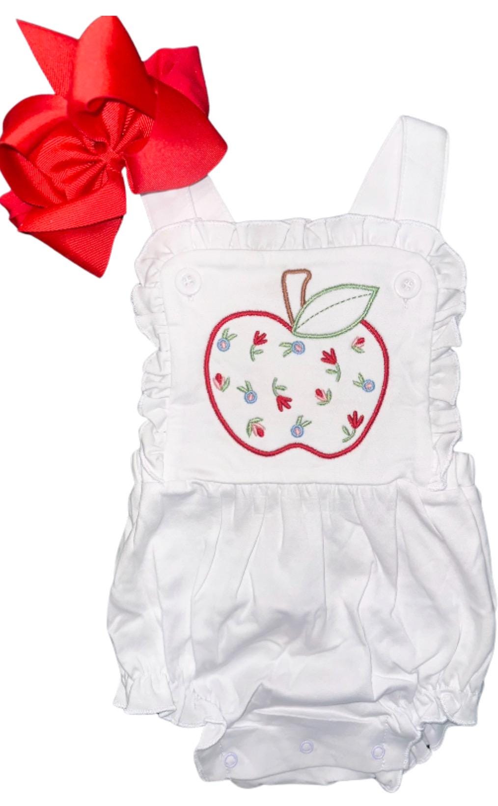White Ruffle Sunsuit with Floral Apple Design, Baby Toddler Girl, Daycare outfit, School, Custom, Mothers Day Out Outfit, Back to School