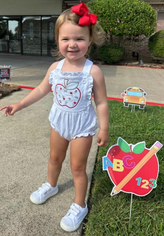 White Ruffle Sunsuit with Floral Apple Design, Baby Toddler Girl, Daycare outfit, School, Custom, Mothers Day Out Outfit, Back to School