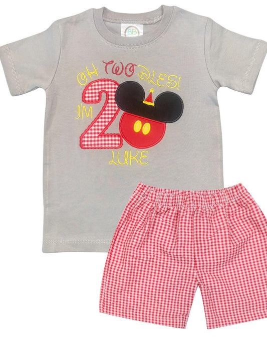 Oh Two-dles Boys Birthday Shorts Set, Mickey Mouse Tee, Baby Toddler Boy | Optional Set, Gingham Shorts, Embroidery, Personalized, Birthday