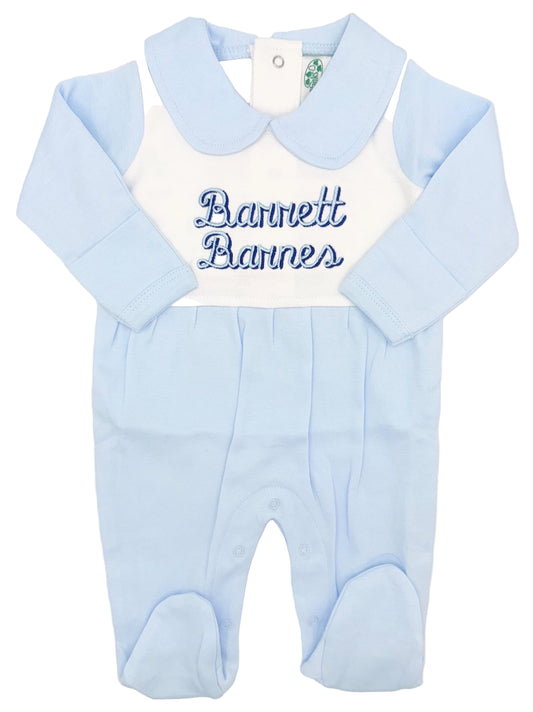 Customized Blue Peter Pan Collar Footie, Baby Boy Girl | Hospital Outfit, Newborn, Embroidery, Coming Home Outfit, Sleeper, Stripes, Gingham