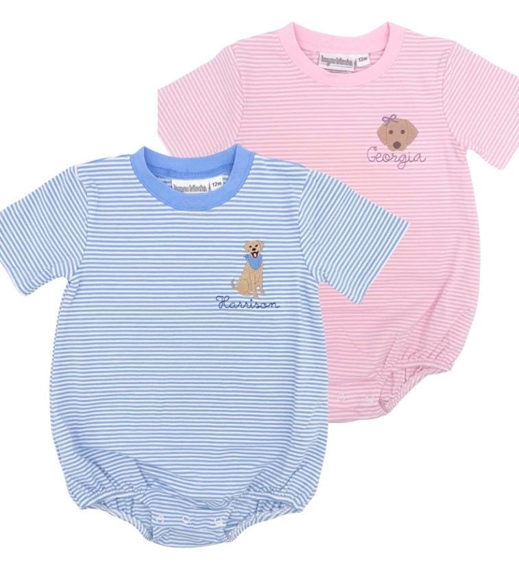 Custom Embroidered Puppy Dog + Name Stripe BUBBLE, Baby Girl Toddler | Monogram, Design Options, Any Theme, Flutter Sleeve Bubble, T-Shirt