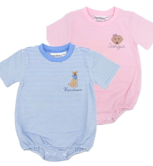 Custom Embroidered Puppy Dog + Name Stripe BUBBLE, Baby Girl Toddler | Monogram, Design Options, Any Theme, Flutter Sleeve Bubble, T-Shirt