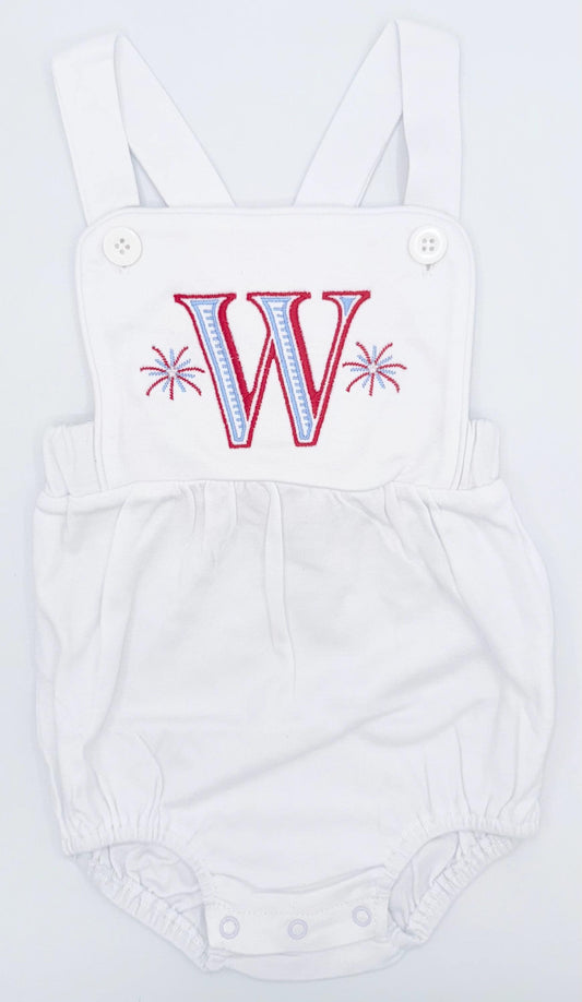 Embroidered Firework and Initial Boy’s Sunsuit, Baby Boy Toddler | Bubble, Boy Outfit, Summer, Romper, 4th of July, Custom, Bold, Patriotic