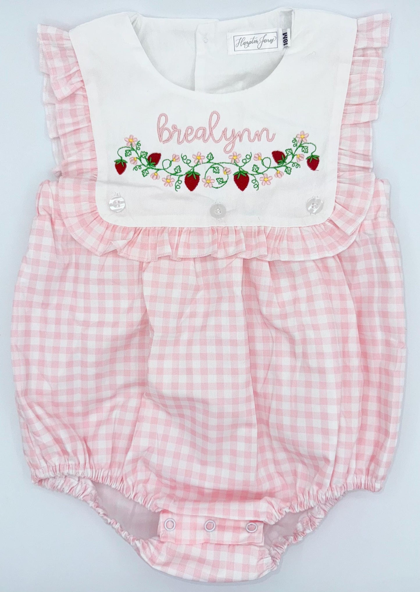 Pink and White Gingham Bubble with Eyelet Edge Ruffle Bib, Monogram, Bib Collar, Baby Toddler Girl, Embroidery, Strawberry, 1st birthday
