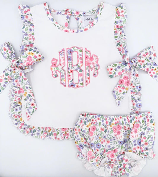 Personalized Baby Girl Outfit| Flower Bow Apron Bloomer Set, Baby Toddler Girl,Embroidery, Customize, Floral Fabric, Summer