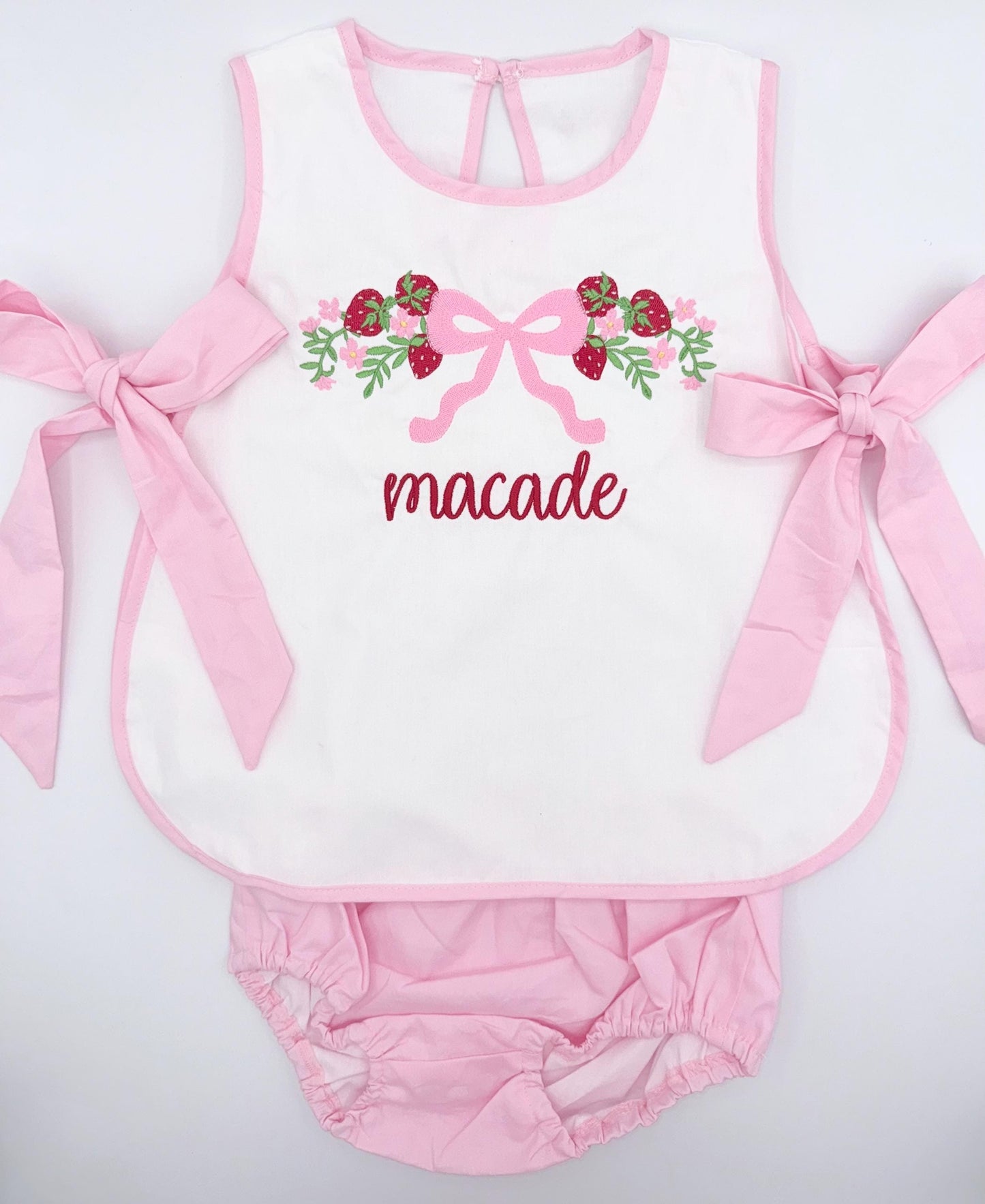Personalized Strawberry Vine Design with Bow Bloomer Set, Baby Girl Outfit | Summer, Sweet, Diaper Set, Side Ties, Apron Set, Pink and White