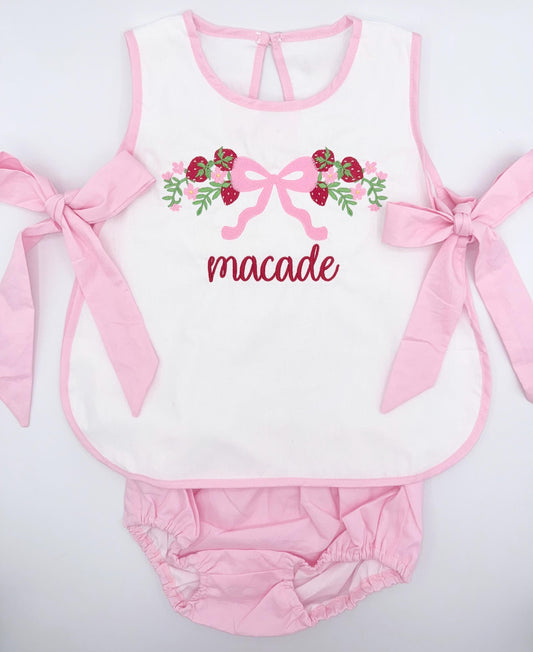 Personalized Strawberry Vine Design with Bow Bloomer Set, Baby Girl Outfit | Summer, Sweet, Diaper Set, Side Ties, Apron Set, Pink and White