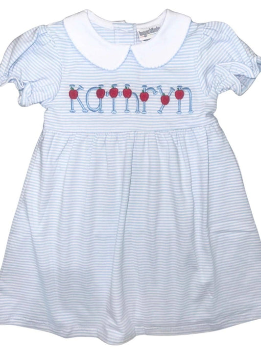 Back to School, Apple Font, Blue Stripe Dress with Peter Pan Collar,  Bubble Option, Color Options, Baby Toddler Girl, Embroidery, Customize