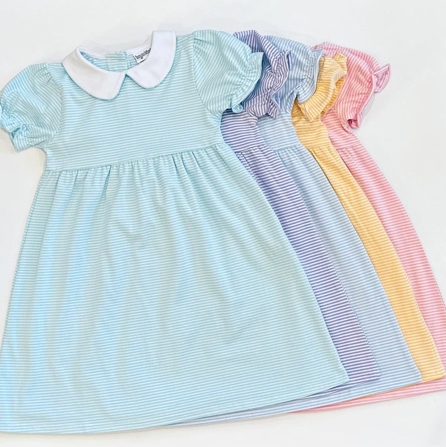 Back to School, Apple Font, Blue Stripe Dress with Peter Pan Collar,  Bubble Option, Color Options, Baby Toddler Girl, Embroidery, Customize