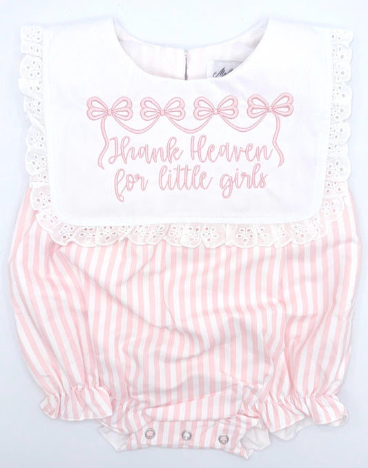 Pink and White Pinstripes Bubble with Eyelet Edge Ruffle Bib, Monogram,  Bib Collar, Romper, Baby Toddler Girl,  Embroidery, Bow, Stripes