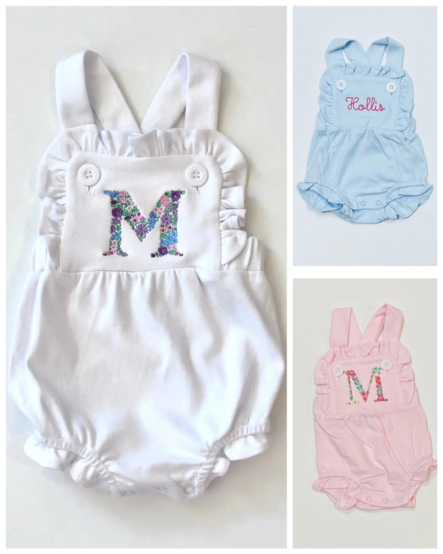 White Ruffle Sunsuit with Floral Apple Design, Baby Toddler Girl, Daycare outfit, School, Custom, Mothers Day Out Outfit, Back to School