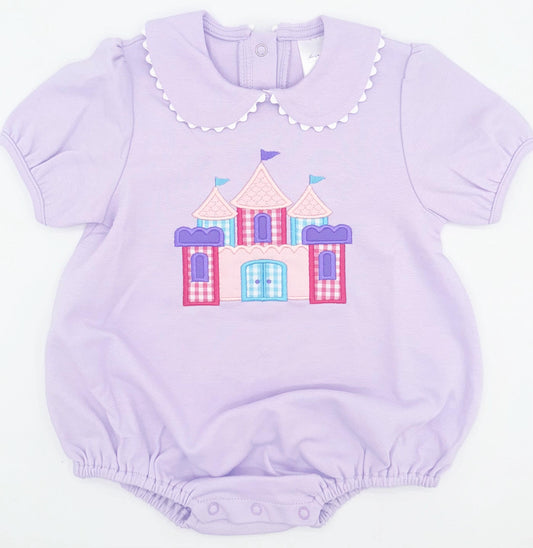 Princess Castle Appliqué Scallop Edge Bubble with Peter Pan Collar| Baby Girl Toddler, Collar, Embroidery