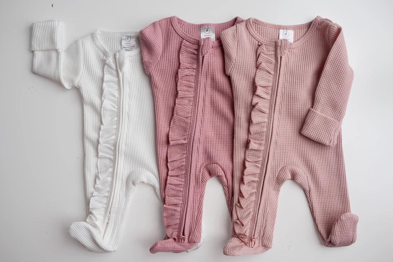 Personalized Ruffle Baby Footie – Custom Waffle Knit Zip Pajamas | Baby Sleeper, Ruffles, Custom, Personalize, Embroidery