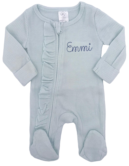 Personalized Ruffle Baby Footie – Custom Waffle Knit Zip Pajamas | Baby Sleeper, Ruffles, Custom, Personalize, Embroidery
