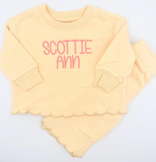 Personalized Yellow Scallop Lounge Set | Custom Kids Outfit, Embroidered Outfit, Personalized, Girls Pants Set