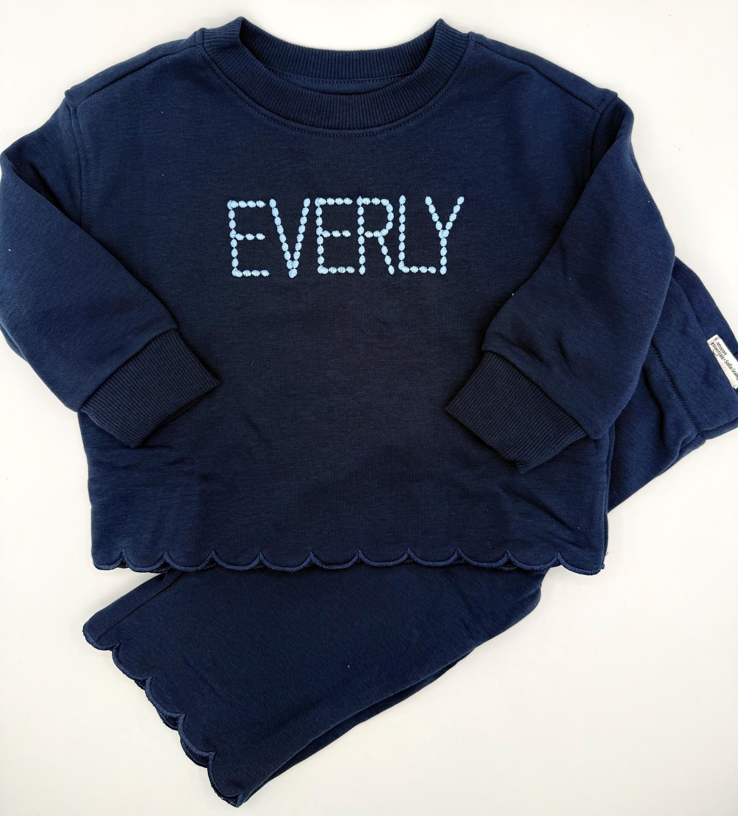 Personalized Ivory Scallop Lounge Set | Custom Kids Outfit, Embroidered Outfit, Personalized Pants Set