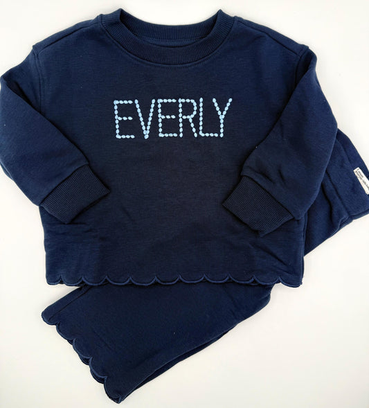 Personalized Navy Scallop Lounge Set | Custom Kids Outfit, Embroidered Outfit, Personalized, Girls Pants Set