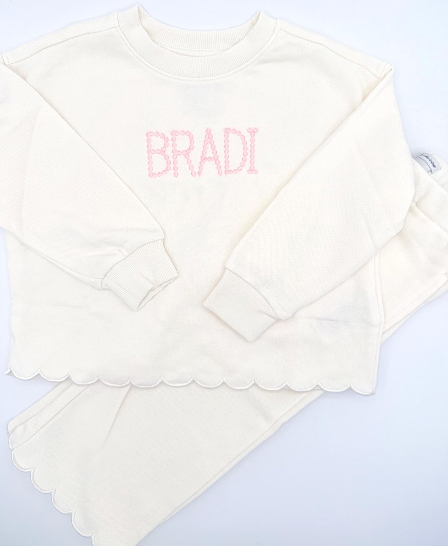 Personalized Ivory Scallop Lounge Set | Custom Kids Outfit, Embroidered Outfit, Personalized Pants Set