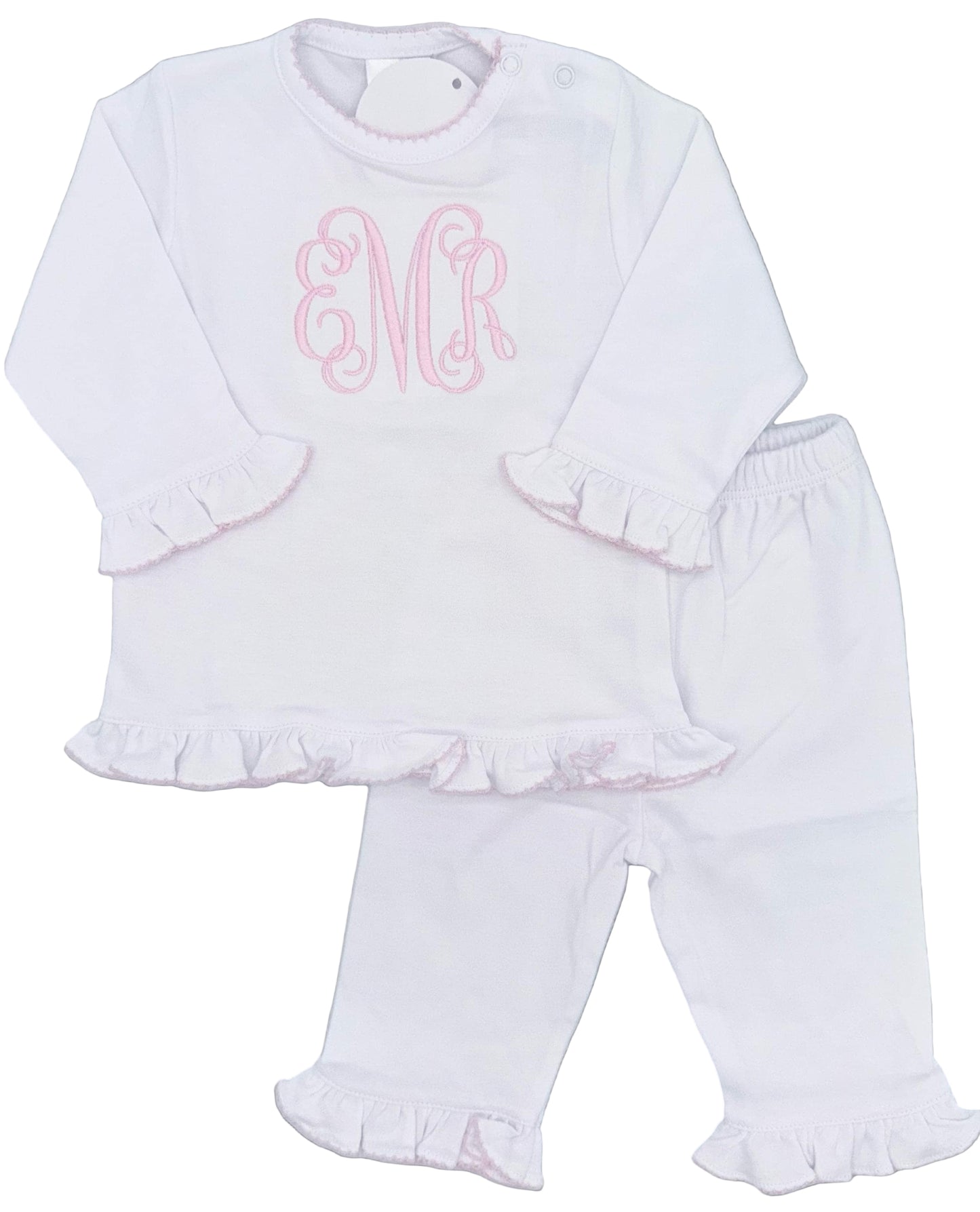 Personalized Solid Ruffle 2 Piece Outfit, Baby Toddler Girl | Pima Cotton Ruffle Pant Set, Pink Picot Trim, Personalize, Embroidery, Custom