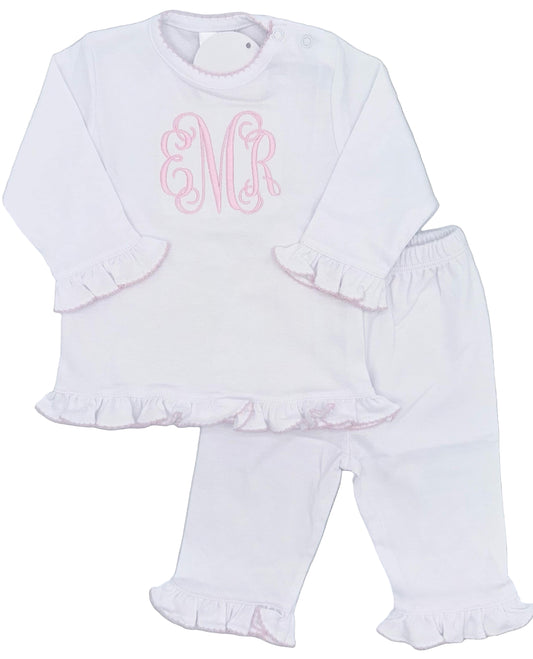 Personalized Solid Ruffle 2 Piece Outfit, Baby Toddler Girl | Pima Cotton Ruffle Pant Set, Pink Picot Trim, Personalize, Embroidery, Custom