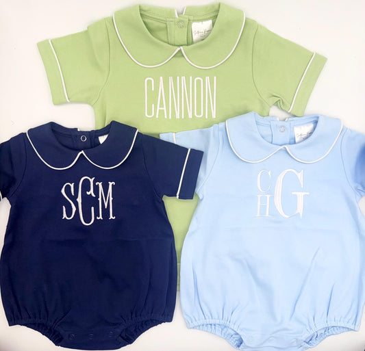 Personalized Piped Edge Bubble with Peter Pan Collar, Navy White Sage Light Blue Options, Romper, Customize, Monogram, Embroidery, Design