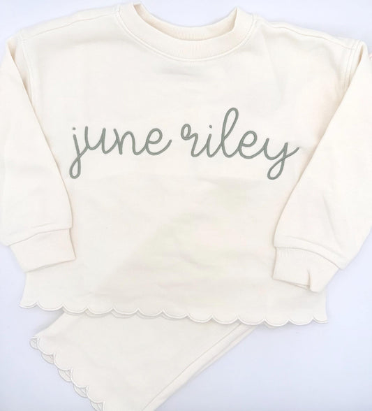 Personalized Ivory Scallop Lounge Set | Custom Kids Outfit, Embroidered Outfit, Personalized Pants Set