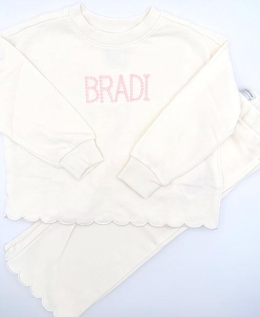 Personalized Ivory Scallop Lounge Set | Custom Kids Outfit, Embroidered Outfit, Personalized Pants Set