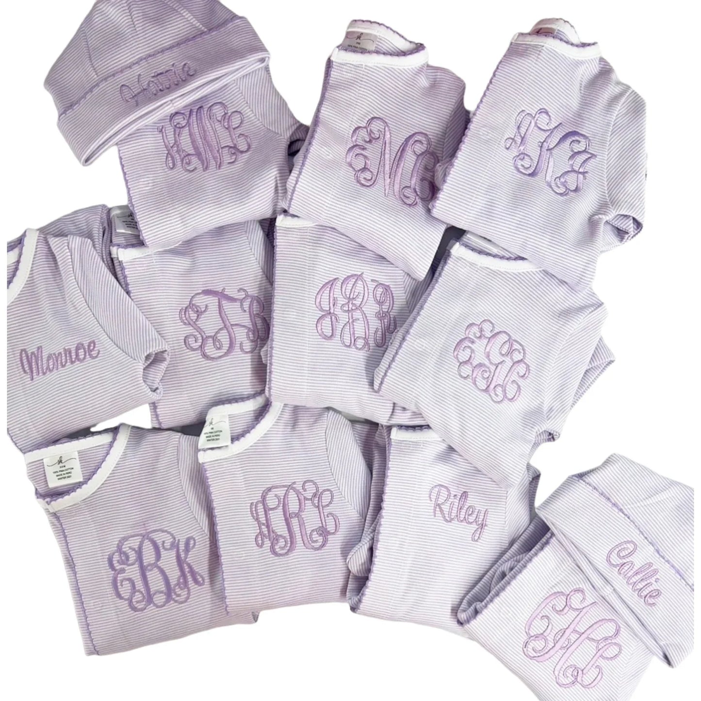 Lavender Tiny Stripe Footies with Matching Hat