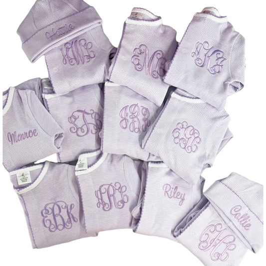 Lavender Tiny Stripe Footies with Matching Hat