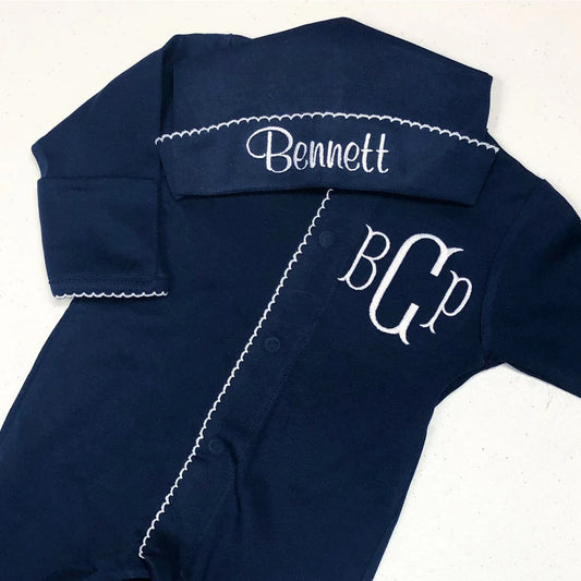 Navy Footie with White Picot and Matching Hat