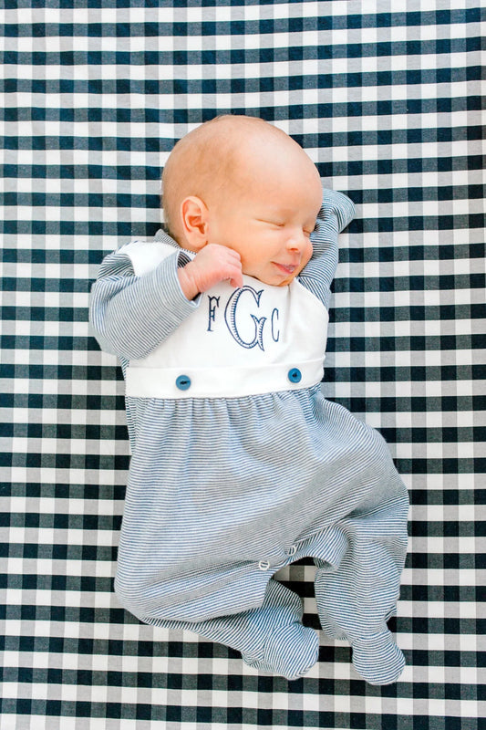Navy Tiny Stripe Bib Front Footie and Matching Hat